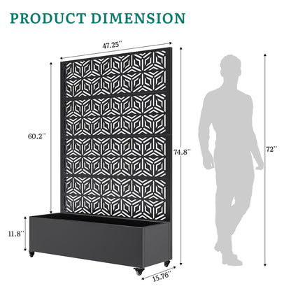 Ultym Metal Planter Box with Trellis, Galvanized Steel Raised Garden Bed with Privacy Screen, Lockable Casters, 73"x47"x16" Planter with Drainage Holes for Outdoor Climbing Plants, Vegetables, Patio