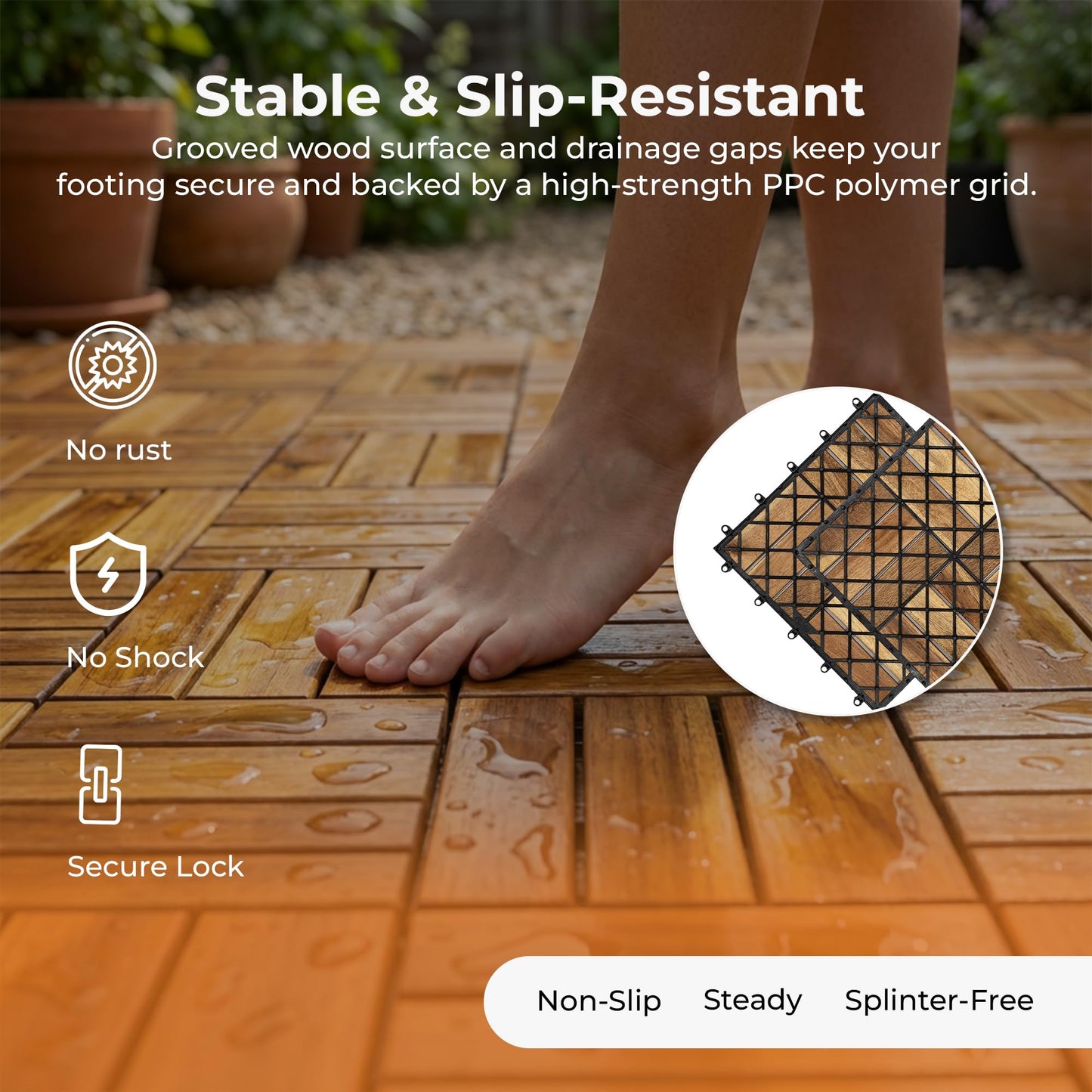 Majestick Goods Interlocking Slat Deck Tiles, Acacia Wood Interlocking Deck Tiles - Easy Installation for Patio Flooring & Walkways with Raised Base Drainage, 12 x 12 x 0.9 Inch (24 Count)