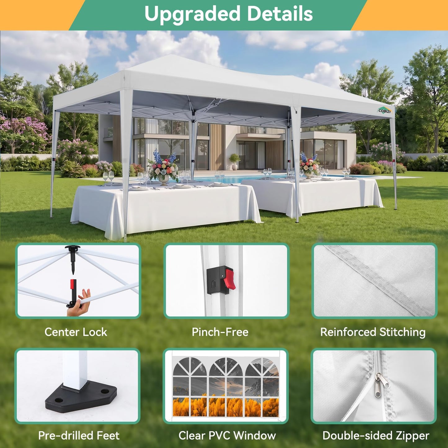 COBIZI 10x20 FT Pop up Canopy Tent with Sidewalls, Party Tents for Parties, Carpas para Fiestas, Easy Set Large Outdoor Popup Patio Gazebo for Backyard,Weddings,Vendor,Commercial Event,White (Upgrade)