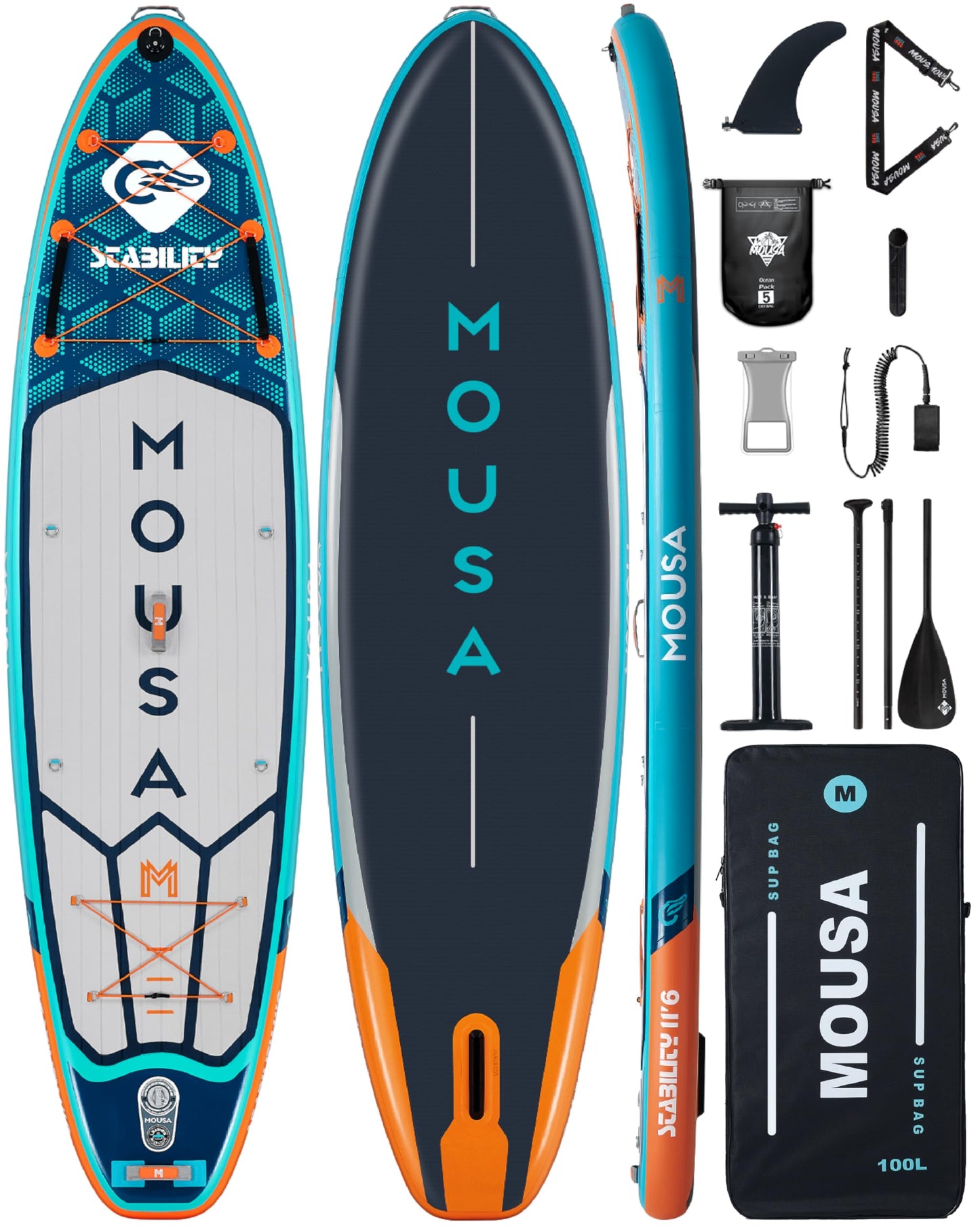 MOUSA 11'6''×35" Extra Wide Inflatable Stand Up Paddle Board, Stable Long SUP for 2 People/Family, Shoulder Strap, 5 Handles, 100L Backpack, All-Round Sup Board, Removeable Big Fin
