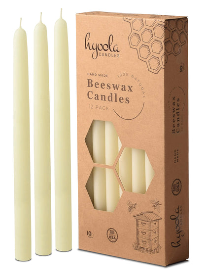 Hyoola 10" Beeswax Taper Candles 12 Pack - Handmade, All Natural, 100% Pure Unscented Bee Wax Candle - Tall, Decorative, White - 10 Hour Burn Time