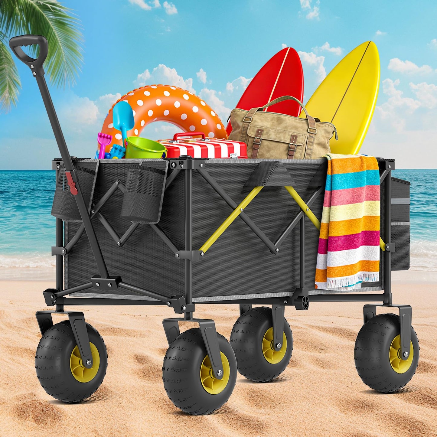 CAtArt Beach Wagon with Big Wheels for Sand, 400LBS Heavy Duty Foldable Wagons Carts, 9" All-Terrain PVC Inflatable Tires, Easy Storage for Beach, Grocery Shopping, Sports Camping (Black)