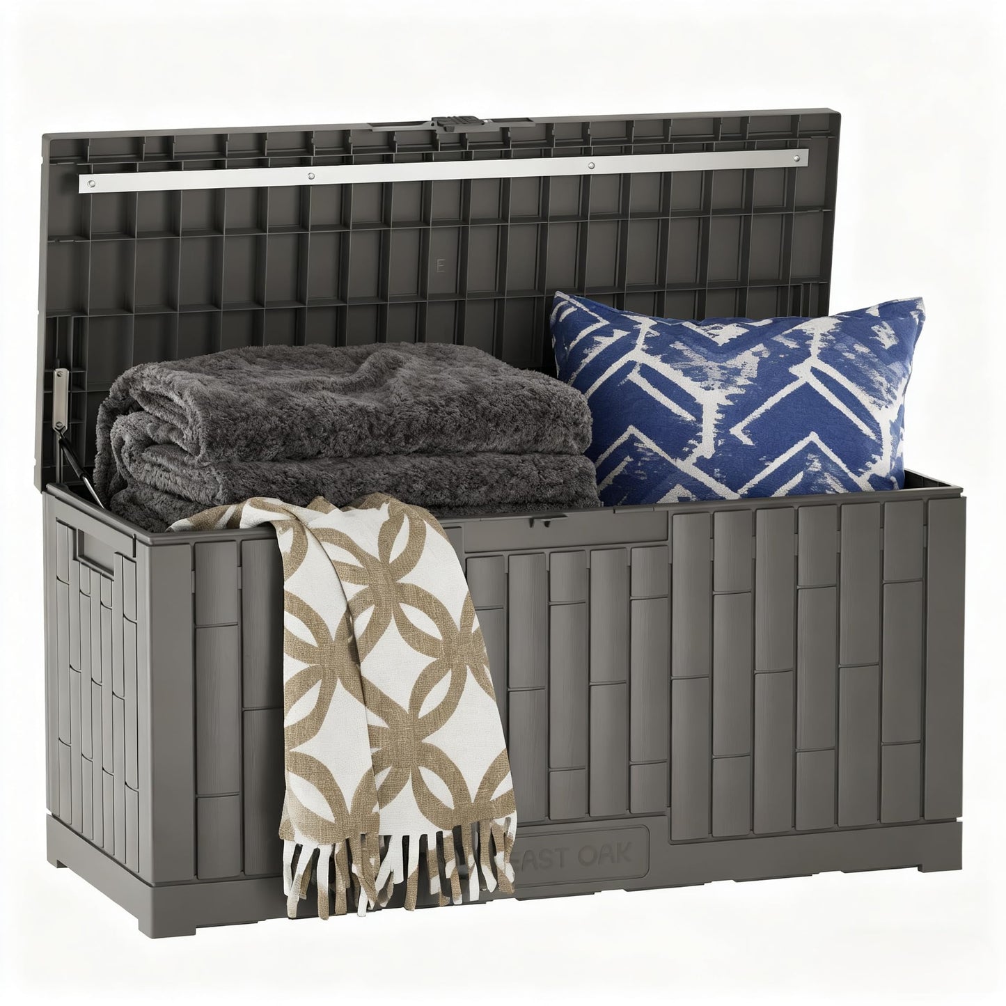 EAST OAK 120 Gallon Outdoor Storage Box, Large Resin Deck Box with Reinforced Stainless Steel Support, Waterproof & UV-Resistant Patio Storage Boxes for Cushions, Garden Tools & Pool Accessories, Grey