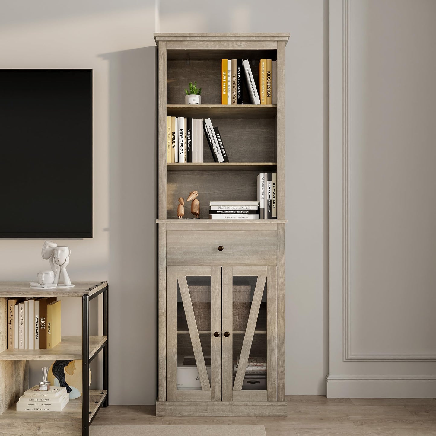 Garvee Kitchen Pantry Cabinet, Pantry with Adjustable Shelves, Farmhouse Cabinet for Living Room, Bathroom, Grey