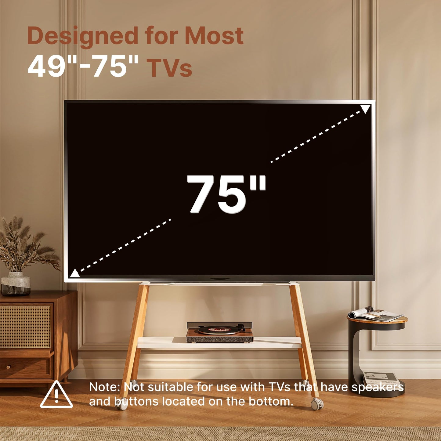 ECOTINY Rolling Easel TV Stand for 49–75 Inch TVs, Mobile TV Cart with Lockable Wheels, Cable Management, Metal Support Frame, Wooden Legs and Shelf, for Home, Office and Classroom, White