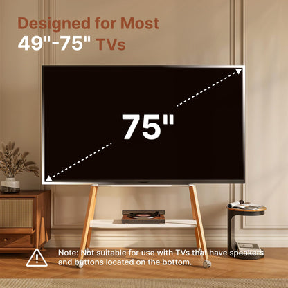ECOTINY Rolling Easel TV Stand for 49–75 Inch TVs, Mobile TV Cart with Lockable Wheels, Cable Management, Metal Support Frame, Wooden Legs and Shelf, for Home, Office and Classroom, White