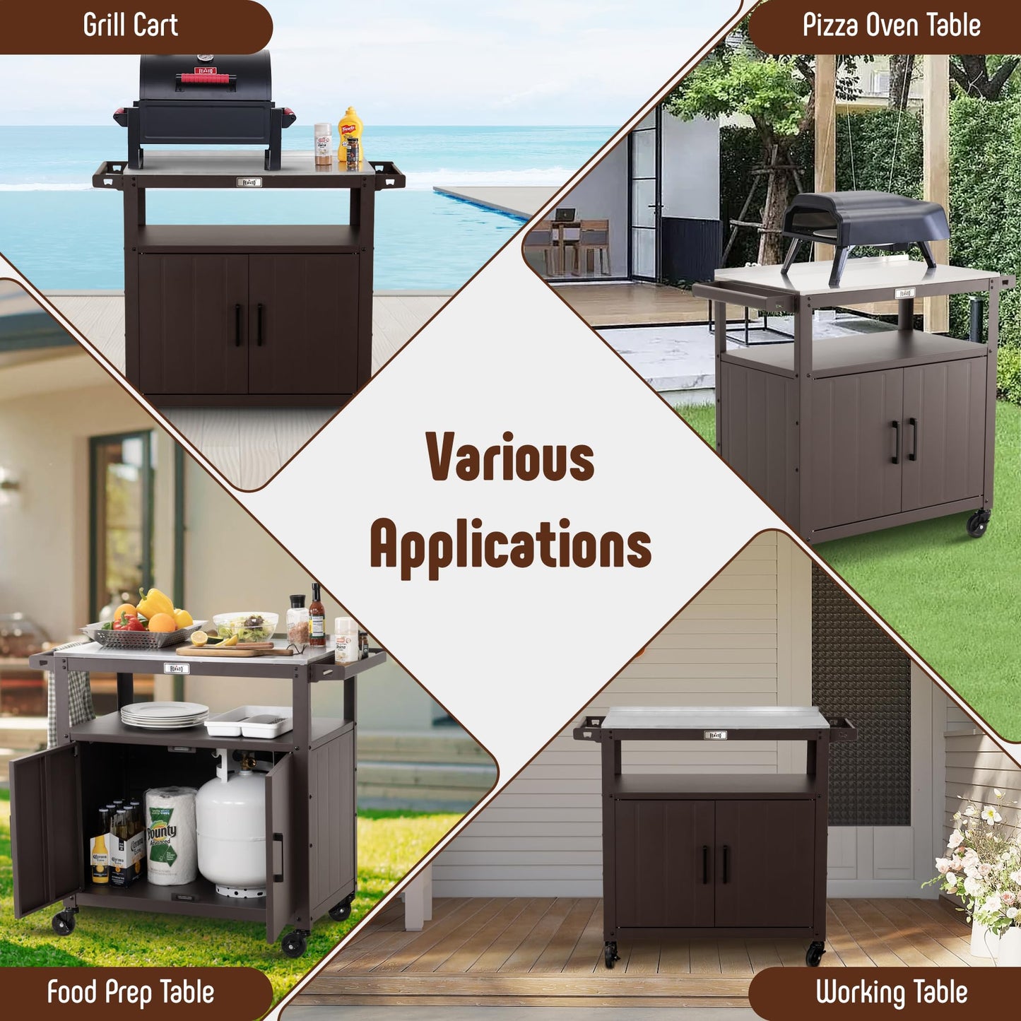 Feasto Outdoor Grill Cart with Stainless Steel Tabletop and Storage Cabinet, Movable Kitchen Island with Wheels for BBQ Food Prep, Brown
