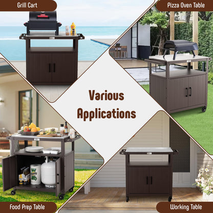 Feasto Outdoor Grill Cart with Stainless Steel Tabletop and Storage Cabinet, Movable Kitchen Island with Wheels for BBQ Food Prep, Brown