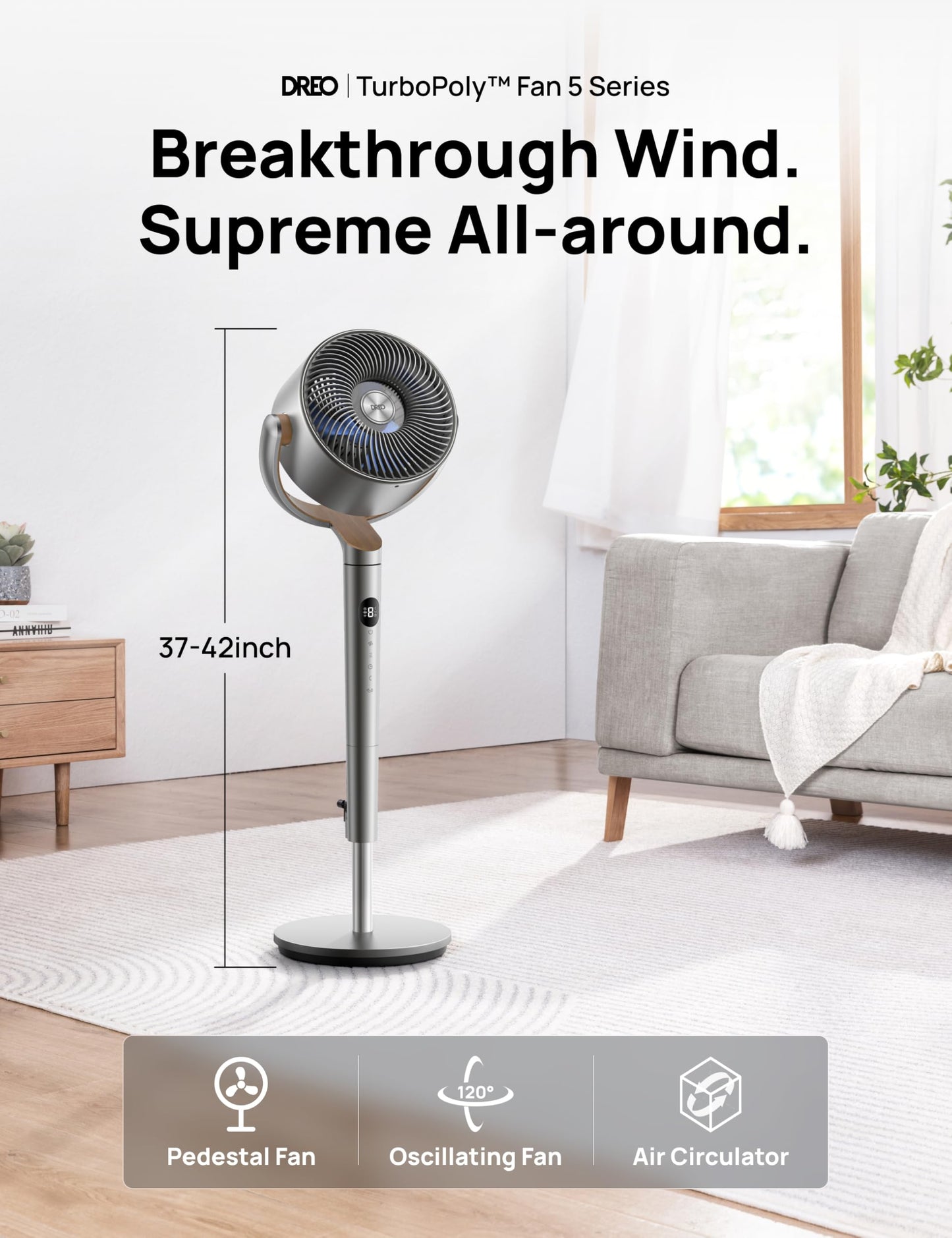 DREO Fan for Bedroom, 120°+120°Omni-directional Oscillating Fan, 90ft, DC Motor, 20 dB Quiet Standing Pedestal Fans, 8 Speeds, 3 Modes Circulator with Remote, 35-40" Adjustable Height, 8H Timer