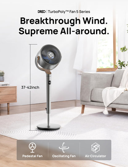 DREO Fan for Bedroom, 120°+120°Omni-directional Oscillating Fan, 90ft, DC Motor, 20 dB Quiet Standing Pedestal Fans, 8 Speeds, 3 Modes Circulator with Remote, 35-40" Adjustable Height, 8H Timer