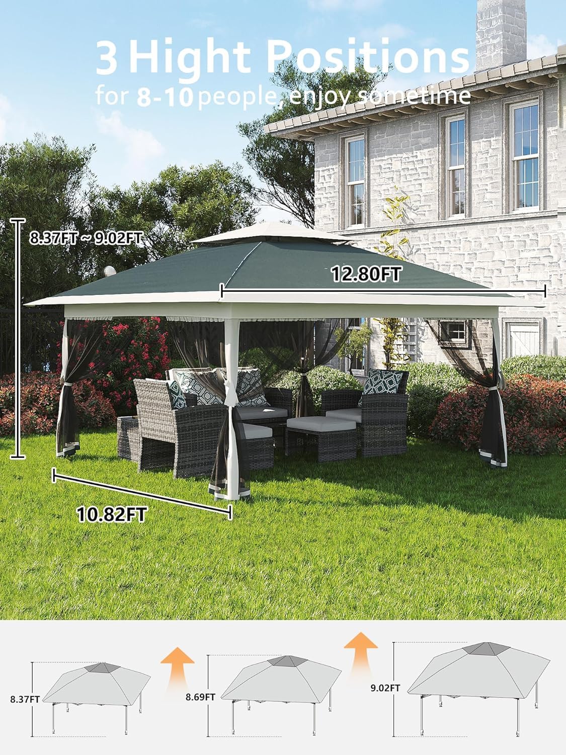 13x13 FT Pop-Up Gazebo with Mosquito Netting and UV-Resistant Outdoor,Canopy Tent with Mosquito Netting,Outdoor Patio for Party,Wedding,Dining,Dark Army Green + Gray