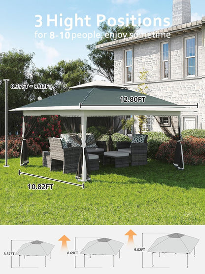13x13 FT Pop-Up Gazebo with Mosquito Netting and UV-Resistant Outdoor,Canopy Tent with Mosquito Netting,Outdoor Patio for Party,Wedding,Dining,Dark Army Green + Gray