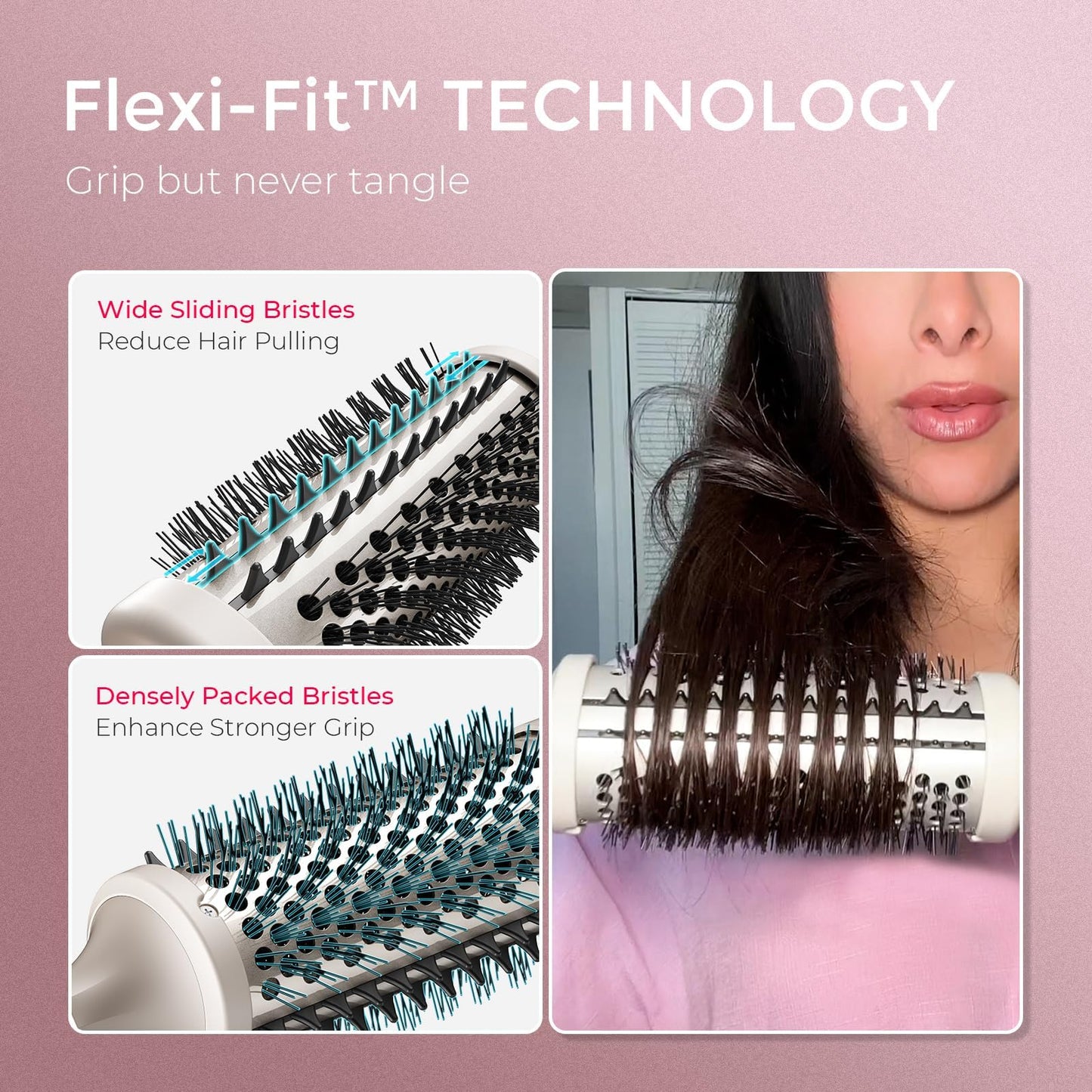 TYMO 2.0 Thermal Brush Curling Brush - STYLUX 1.7" Blowout Volumizer with Flexi-Fit for Hair Straightening, Heated Round Styler Tool, Hair Straightener and Curler 2 in 1, Dual Voltage & Light, Pink
