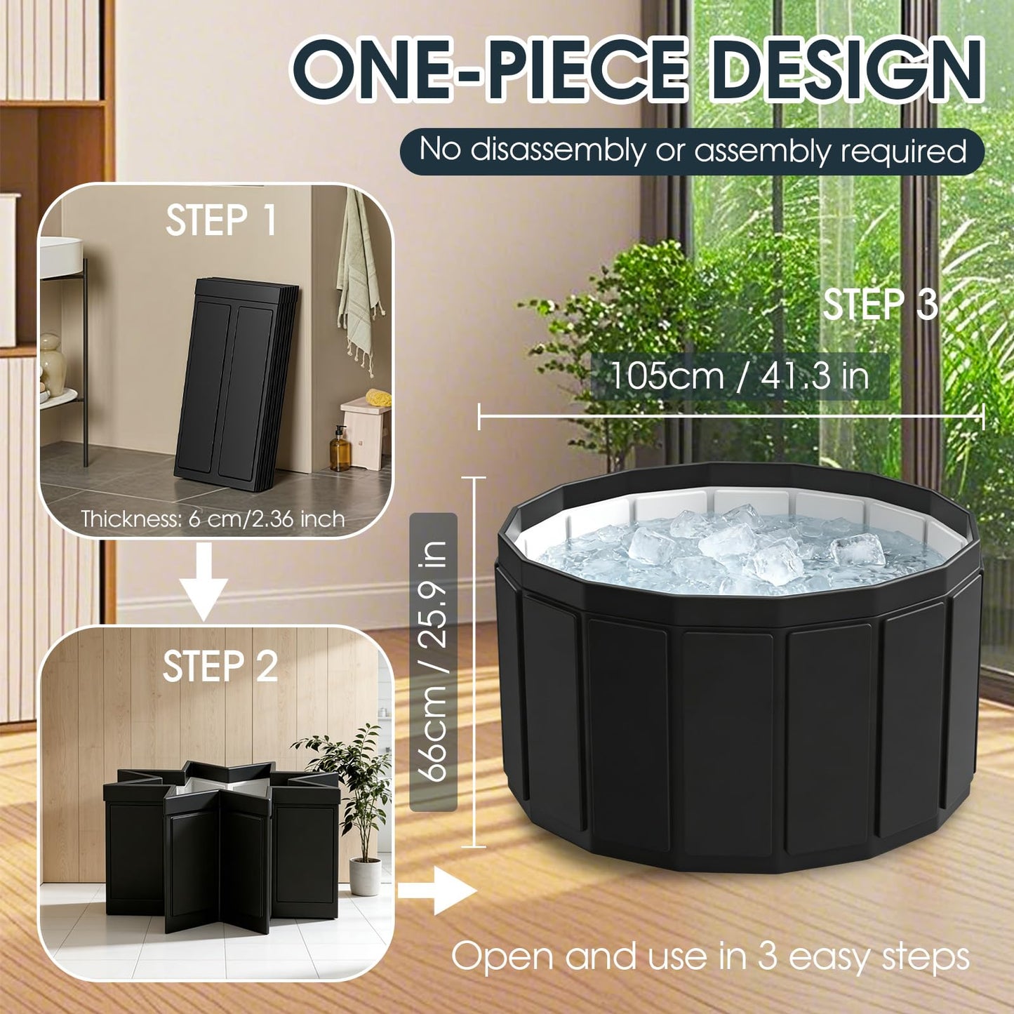 Ice Bath Cold Plunge Tub for Athletes–Portable Ice Bath for Adults, 6-Layer Insulated Foldable Bathtub for Cryotherapy & Muscle Recovery, Space-Saving Cold Plunge Tub for Home Gym(Black, 25.9X41.3 IN)