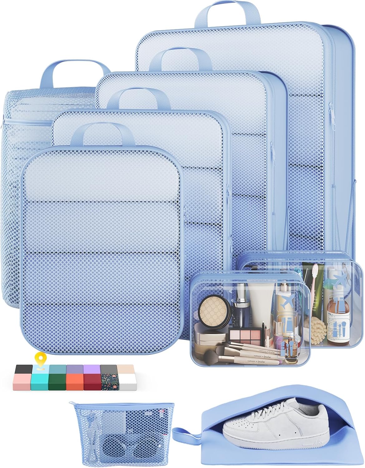 Veken Compression Packing Cubes - Durable Travel Organizer Set for Luggage | Large Light Blue Bags
