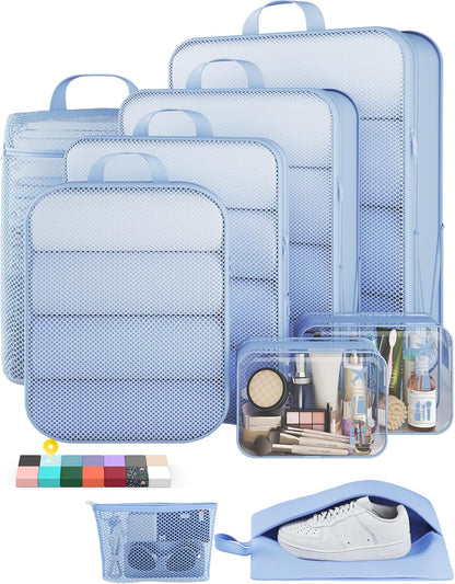 Veken Compression Packing Cubes - Durable Travel Organizer Set for Luggage | Large Light Blue Bags