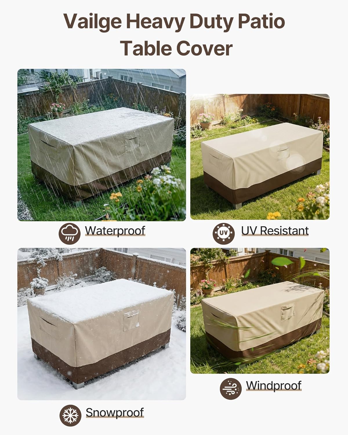 Vailge Patio Table Cover - Heavy Duty Waterproof Protection | Large Rectangular/Oval - Beige & Brown