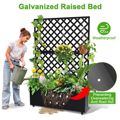 SierraSquad 70.9" x 46.5" x 11.8" Metal Raised Garden Bed with Trellis – Galvanized Planter Box with Drainage Holes & Privacy Screen for Patio, Balcony, Outdoor – Black