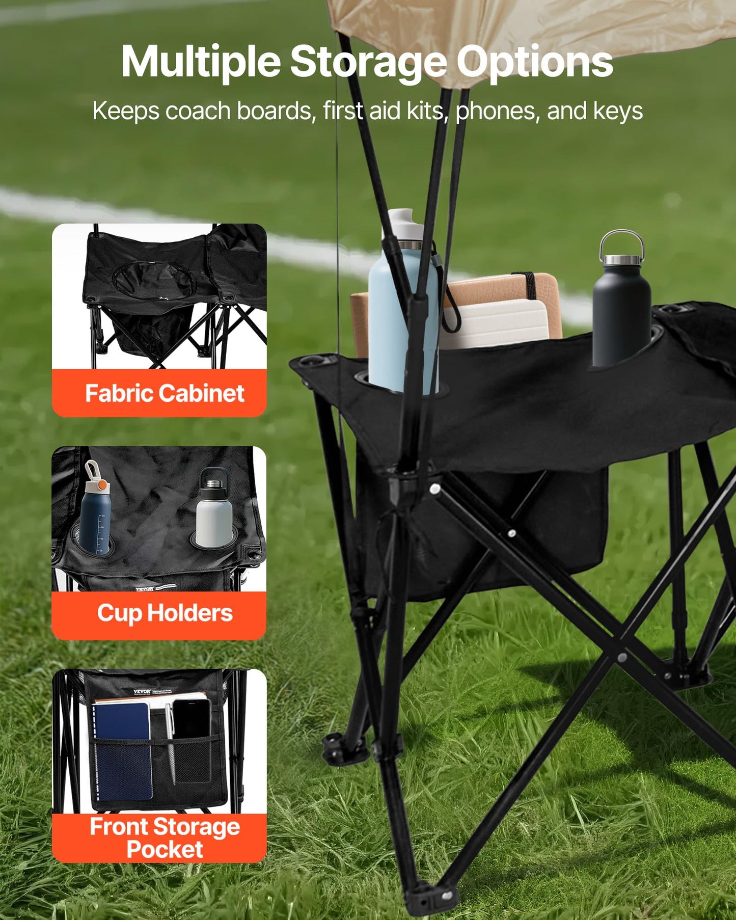 VEVOR Portable Folding Bench, 6 Seat Soccer Bench with Storage Pockets Cup Holders & Carrying Bag, Lightweight Sideline Seating with Sunshade for Football, Baseball, Camping, Outdoor Events, Black