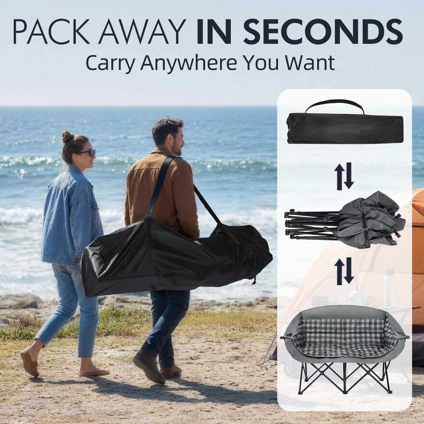 Double Camping Chairs Padded Loveseat Chair for 2 Person - Heavy Duty Oversized Camping Couch for Adults Outdoor Lawn Beach Portable Folding Sofa with Cup Holders Support 600lbs, Grey