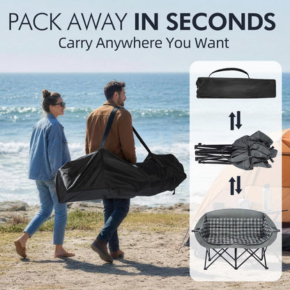 Double Camping Chairs Padded Loveseat Chair for 2 Person - Heavy Duty Oversized Camping Couch for Adults Outdoor Lawn Beach Portable Folding Sofa with Cup Holders Support 600lbs, Grey