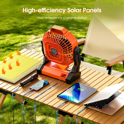 Solar Powered Fan,【Max 40H Runtime】Rechargeable Solar Camping Fans & Led Lantern,8-inch Portable Fan with Solar Panel,Battery Operated Powered Outdoor Tent Fans for Camping Essentials Accessories