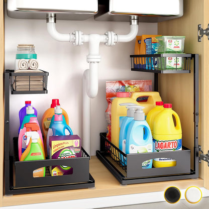 Under Sink Organizer by [Brand Name] - Adjustable 2-Tier Metal Storage Solution for Kitchen & Bathroom (Black, 2 Pack)
