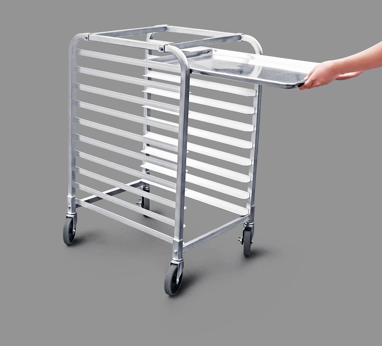 New Star Foodservice 36510 Commercial-Grade Aluminum 10-Tier Sheet Pan/Bun Pan Rack, 26" L x 20" W x 38" H with Brake Wheels Silver