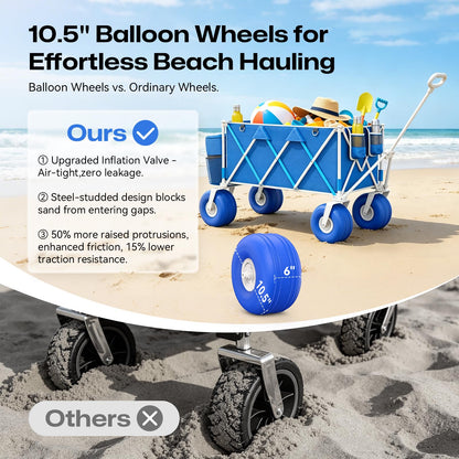 Premium 10.5" Balloon Wheels Beach Wagon - 450LBS Heavy Duty Sand Wagon, Foldable All Terrain Collapsible Utility Wagon with Removable Cooler Bag, Easy Roll for Soft Sand Family Camping - Blue