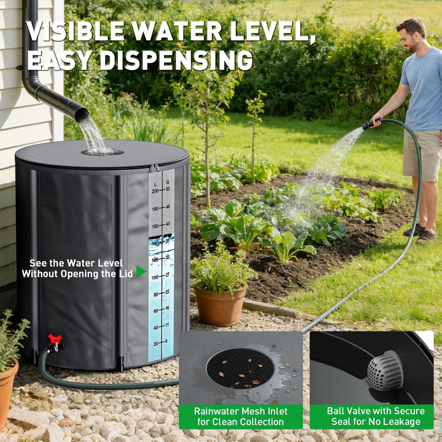 Yesker Collapsible Rain Barrel, 132 Gallon Portable Rainwater Collection System, 550D PVC Water Storage Tank, Rain Catcher with Spigots Filter Overflow Kit, Grey