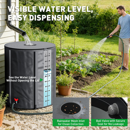 Yesker Collapsible Rain Barrel, 132 Gallon Portable Rainwater Collection System, 550D PVC Water Storage Tank, Rain Catcher with Spigots Filter Overflow Kit, Grey