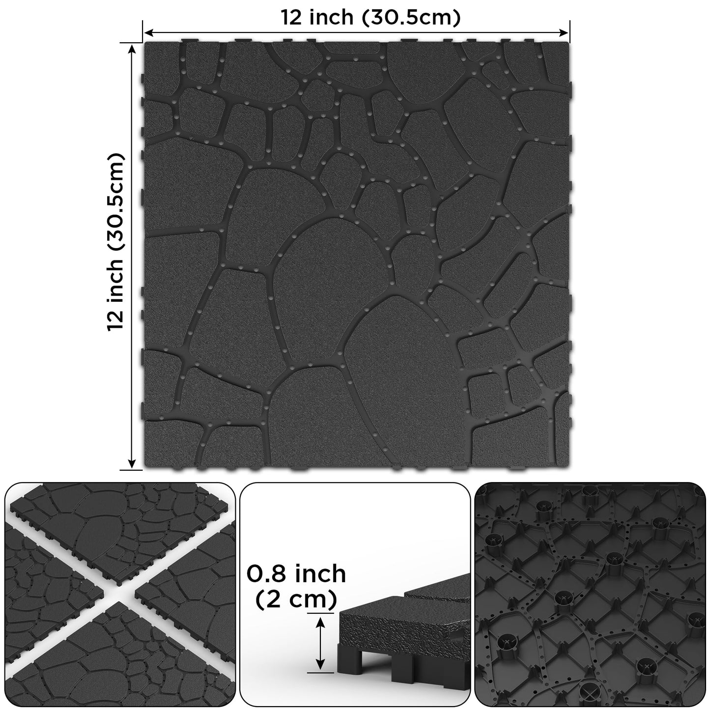 44-Pack Interlocking Deck Tiles, 12"x12" Stone Texture PP Waterproof Flooring, All-Weather Anti-Slip Patio Tiles for Indoor/Outdoor,Poolside, Garden, Balcony, Patio,Easy DIY Installation,Gray