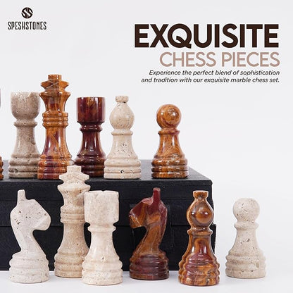 Marble Chess Set for Adults 12 Inch Handmade Travertine and Brown Board Game with Storage Box Classic Table Chess Set with Pieces &amp 2 Extra Queens Gifts &amp Home Décor
