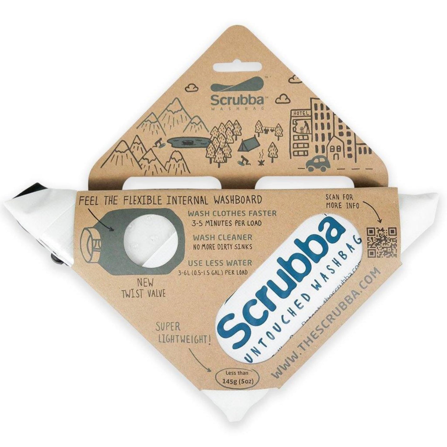 Scrubba UNTOUCHED Wash Bag & Dry Kit - Portable Washing Machine System with XL Towel, Pegless Clothesline & Hangers - Lightweight Eco-Friendly Travel Laundry Kit for Camping, Hiking & RV