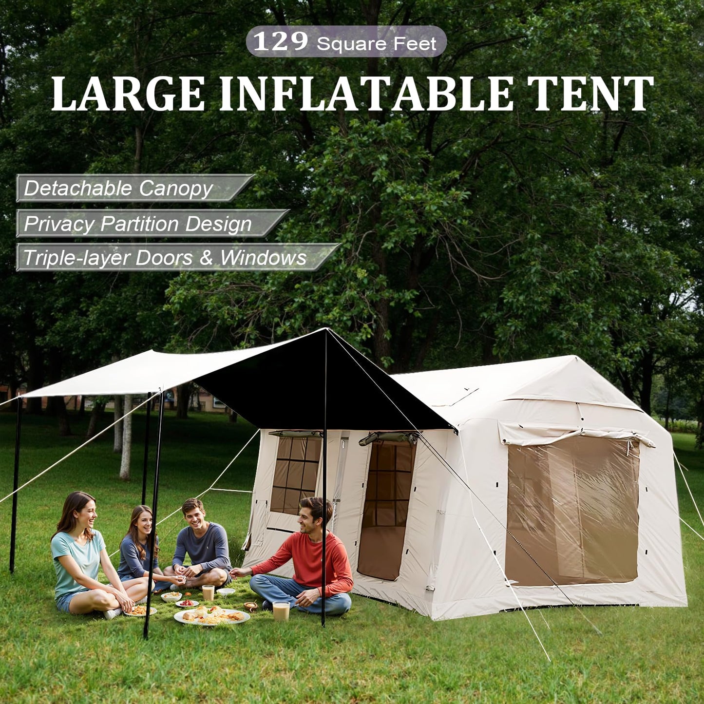 SENLEETO Large Inflatable Tent for Camping 10-12 Person, 10 * 13ft Inflatable Hot Tent with Stove Jack, Blow up Tents with Canopy,Easy Setup Inflatable Camping Tent,4 Season Glamping Tents