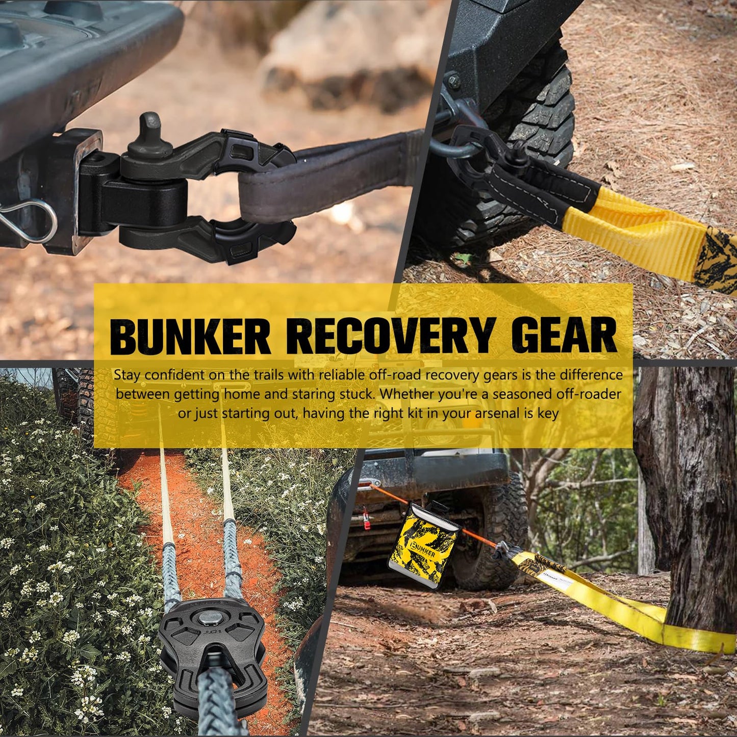 BUNKER INDUST Off Road Recovery Kit, Includes 30ft+10ft Tow Strap, Snatch Block, D-Ring Shackles, Shackle Receiver, Gloves, Winch Dampener Bag, 4x4 Recovery Gear for for Trucks, SUVs, ATVs