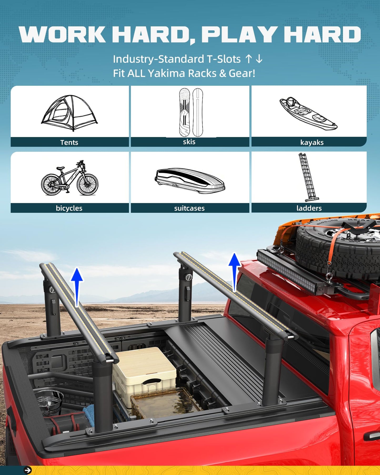 TRUMGETA Truck Bed Rack Fit for Tacoma Gladiator Mid Size Pickups Compatible with Tonneau Cover w/T-Slot Rails, Adjustable 19"-25" Aluminum Truck Ladder Rack Fits Lumber Pipes Kayak
