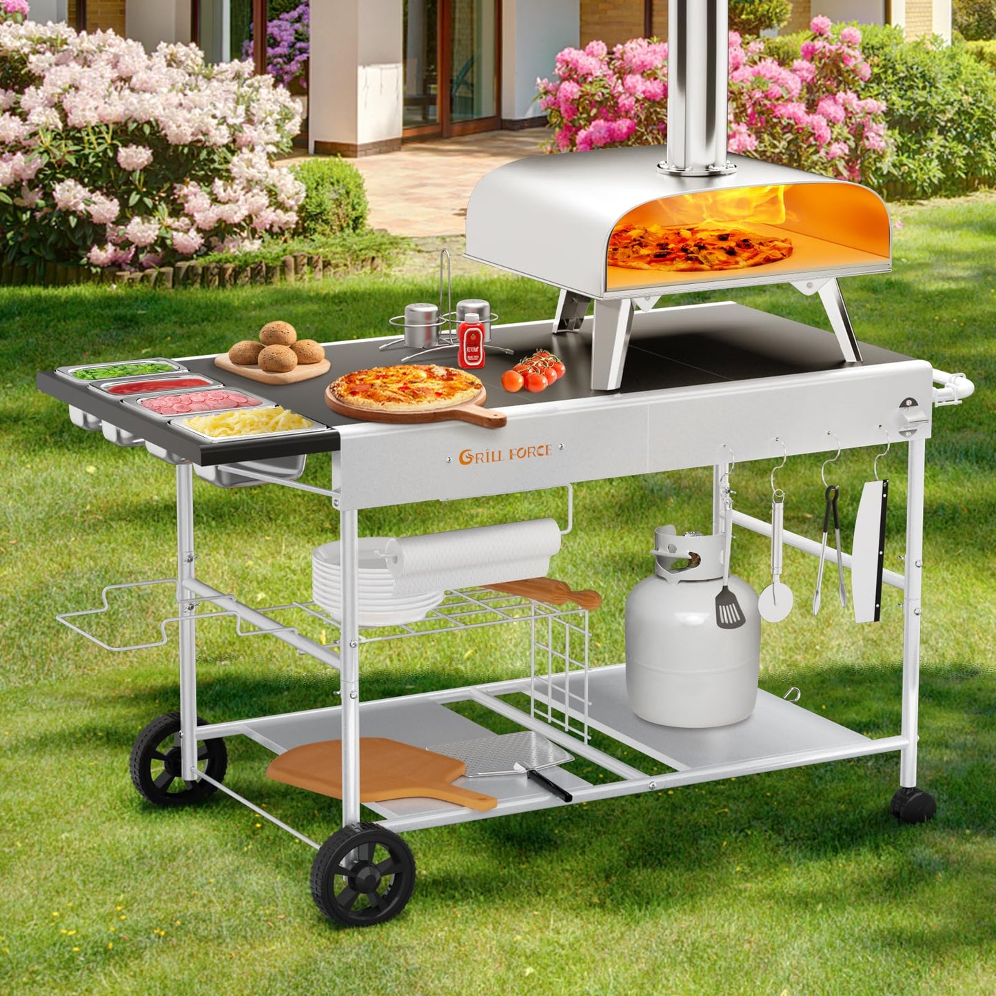 GRILL FORCE Pizza Oven Table with Cover, Outdoor Grill Table with Cover, Grill Cart, Movable Pizza Oven Cart, Portable Food Prep Table for BBQ Camping, Fits Pizza Oven, Ninja Woodfire, Blackstone