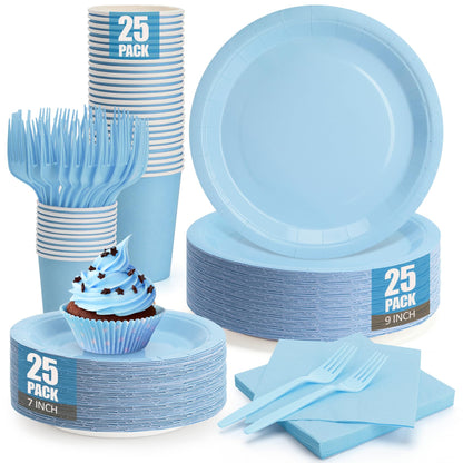 CENLBJ Light Blue Paper Plates and Napkins Party Supplies, Include 9’’Disposable Blue Plate, 7’’Dessert Plates Cups Napkins Forks for Baby Shower, Wedding, Birthday Decorations, Serves 25