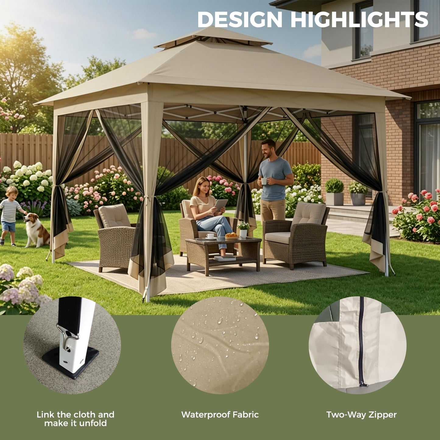 Solaroxy 10' x 10' Pop Up Gazebo Tent, Outdoor Screen Canopy Shelter, Instant Patio Sun Shade Gazebo Tent with 2 Tiers Roof & Mesh Netting for Garden, Lawn, Backyard, Party, Beige