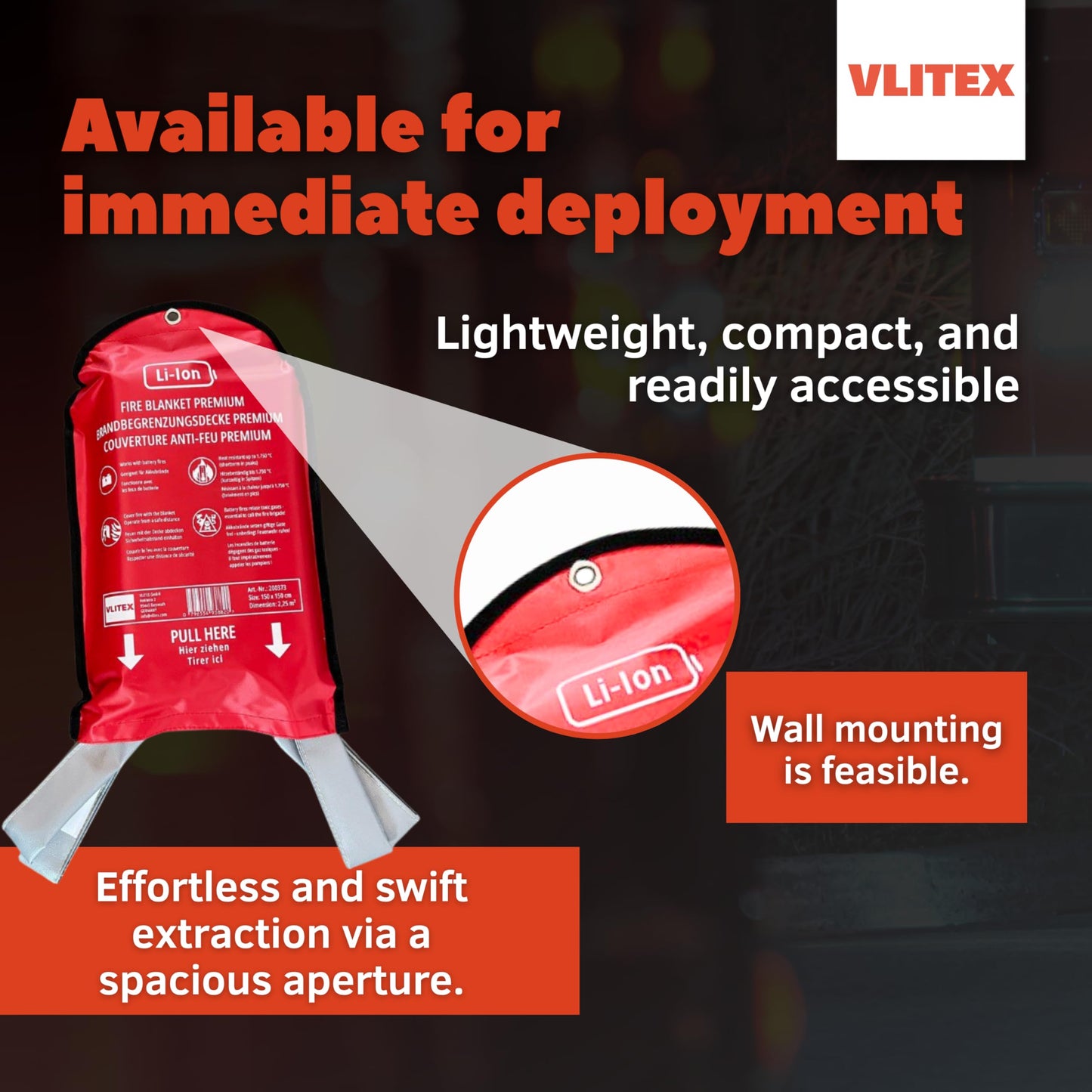 VLITEX Fire Blanket (59 x 59 in) | Engineered in Germany | Emergency & Lithium Battery Fire Suppression Blanket | Certified Fireproof Silicone & E-Fiberglass