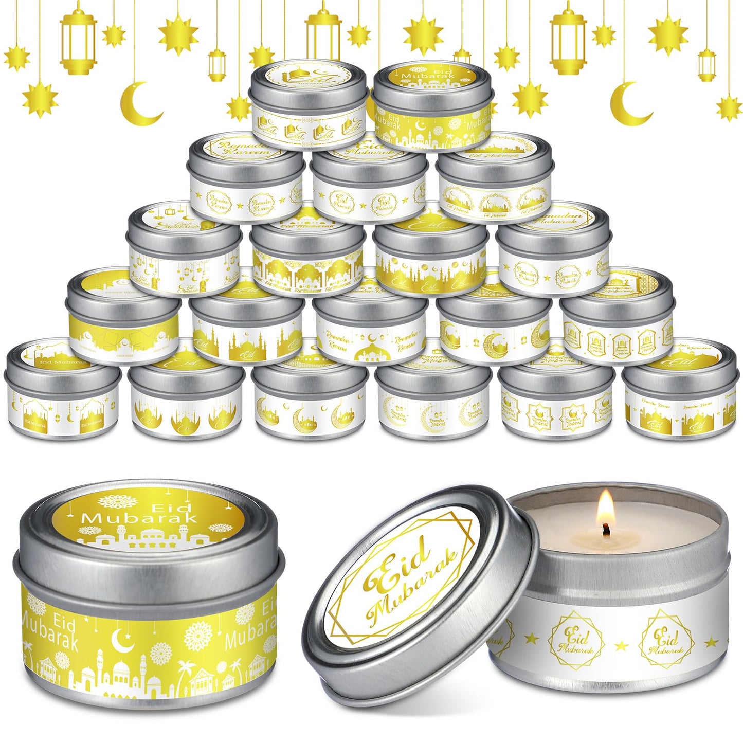 MTLEE 20 Pcs Ramadan Mubarak Scented Candles Bulk, 1 oz Eid Wax Candles, Muslim Islam Meditation Decor, Islamic Ramadan Gifts for Family Home Eid Celebration Party Favor, Assorted Scents(White Gold)