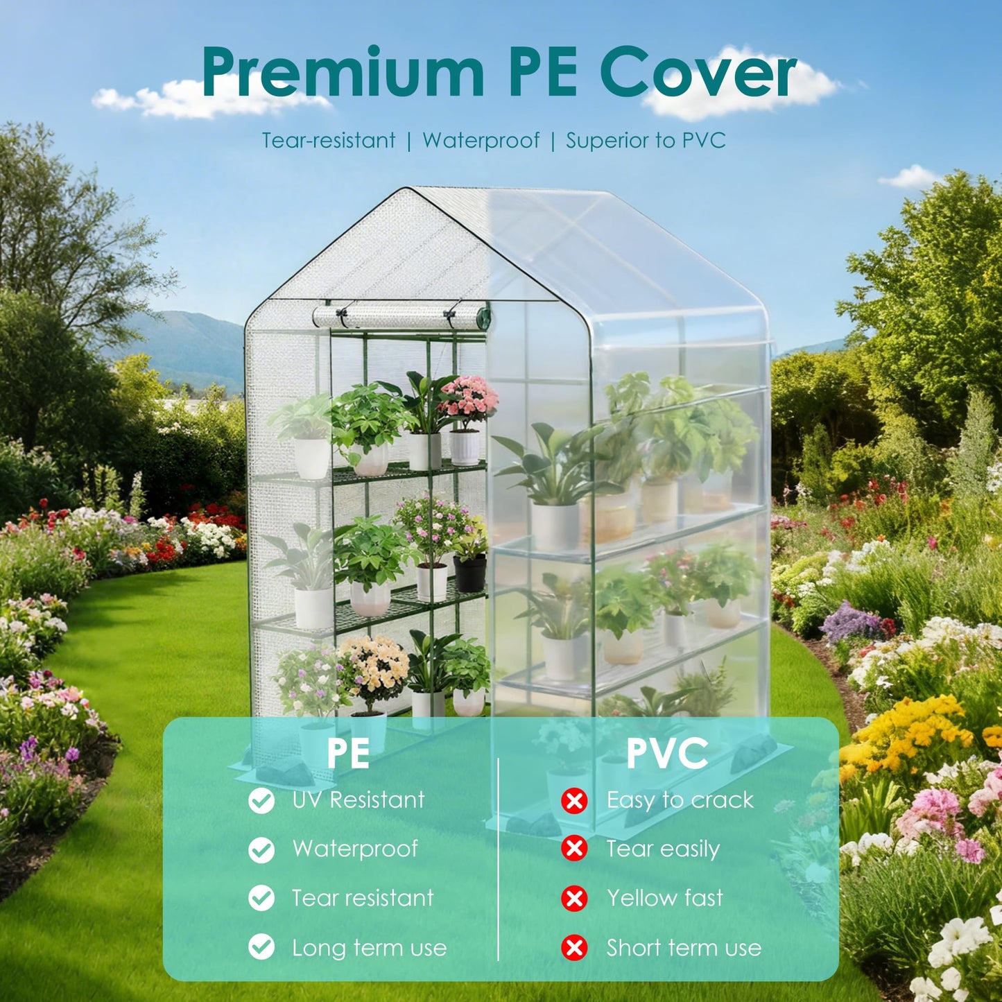 Twira Greenhouse for Outdoors, 48" x 73.2" x 74.8" Walk in Plant Greenhouses Heavy Duty with Thicken PE Cover, 3 Tiers 8 Shelves Greenhouse Plastic, Portable Green House for Outside, Patio, Gardening