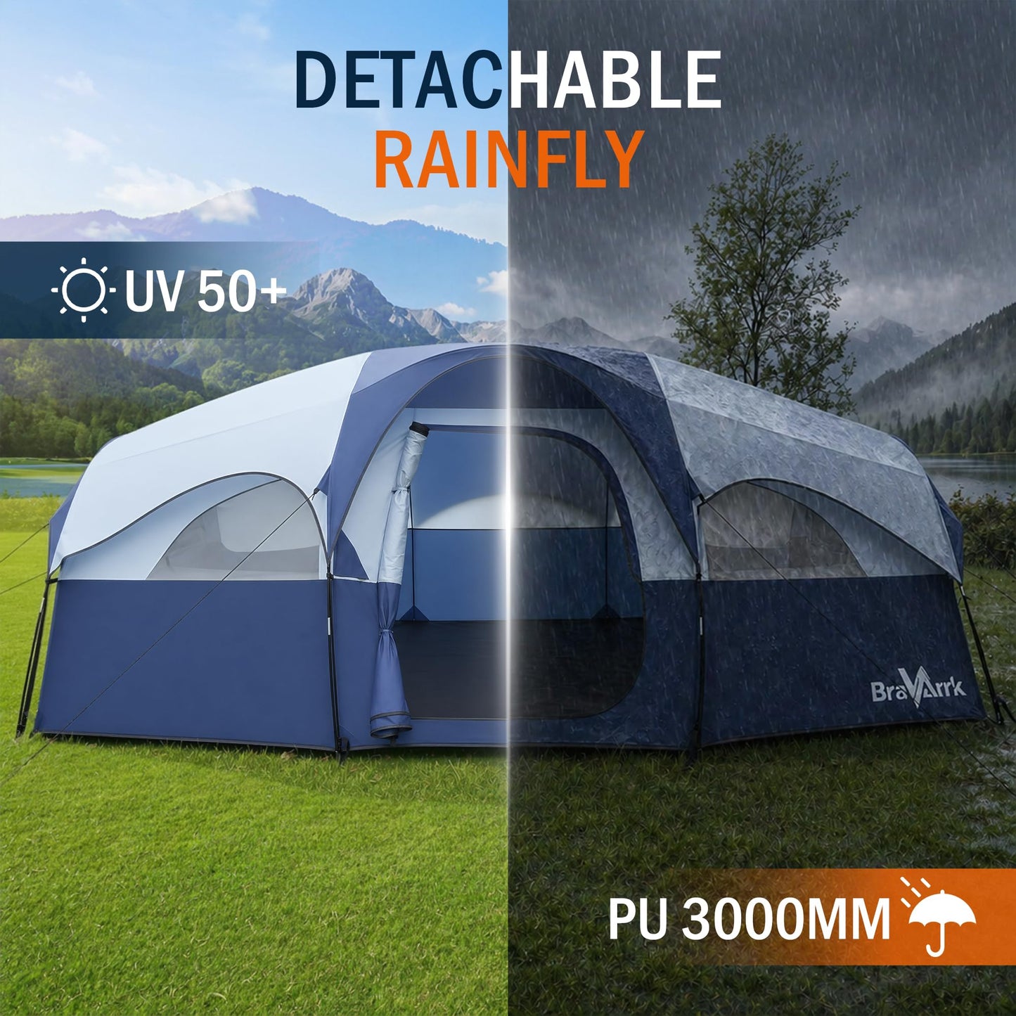 BravArrk Camping Tent for 8 Person, PU3000MM Waterproof Family Tent with Rainfly, Large Roomy 3 Room Camping Tents with Divided Curtain, Portable Outdoor Tent for Families Car Camping, 14x9x6 ft