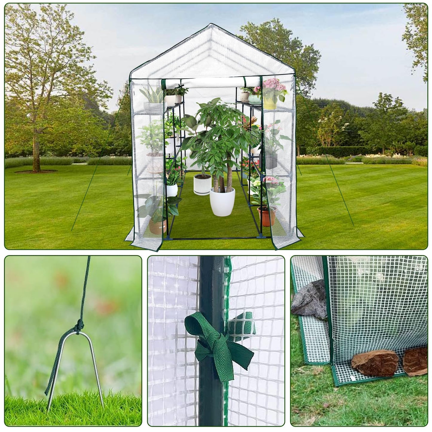 56"x85"x76" Walk-in Greenhouse for Outdoors, Green House Kit with Mesh Windows, UV-Resistant PE Cover, 3-Tier 8 Shelves for Seedling Flowers Growing, White