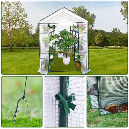 56"x85"x76" Walk-in Greenhouse for Outdoors, Green House Kit with Mesh Windows, UV-Resistant PE Cover, 3-Tier 8 Shelves for Seedling Flowers Growing, White