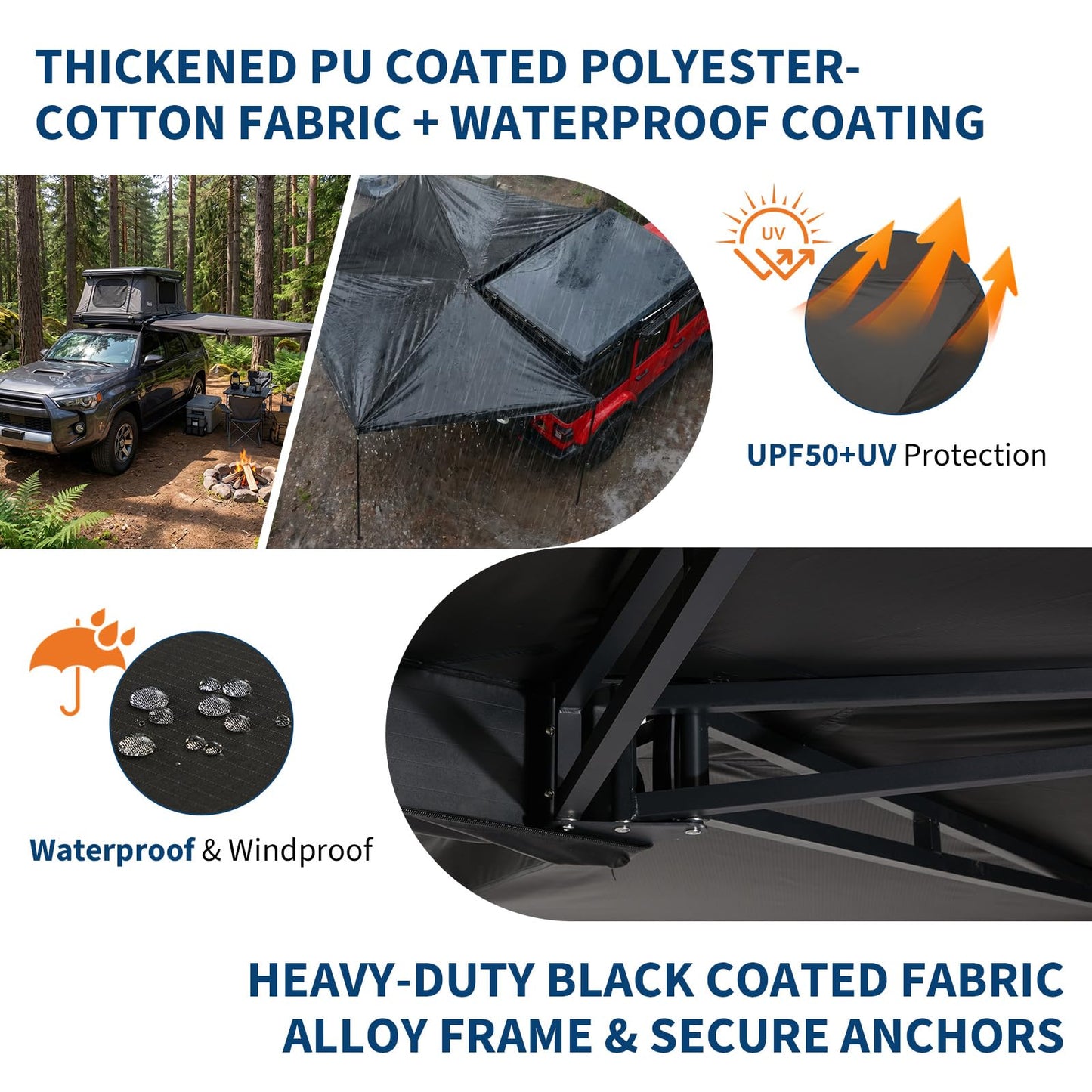 Garvee 270 Degree Driver Side Car Awning, 6.6ft Pull-Out Vehicle Awning with Blackout Coating, 280G Ripstop Waterproof Sun Shelter for SUV Truck Van Camping, Black