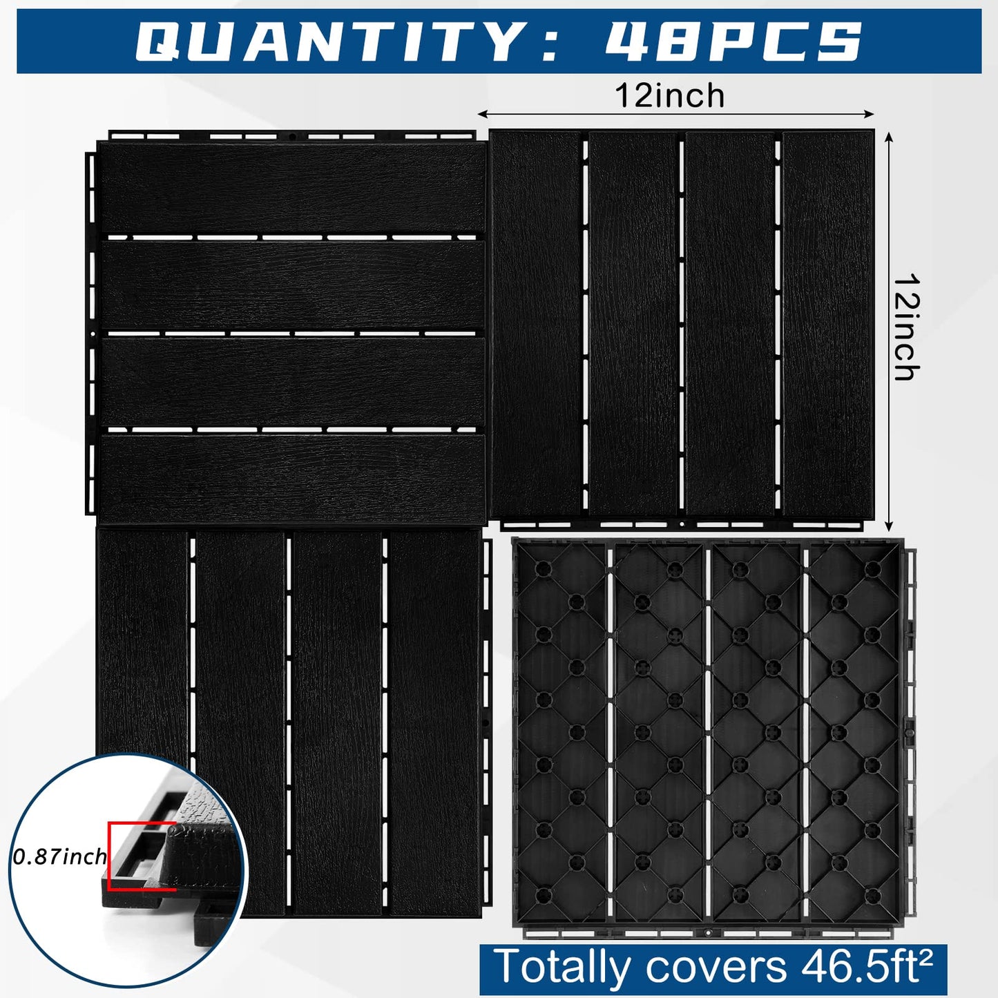 Treela 48 Pcs Plastic Interlocking Deck Tiles 12 x 12 Inch Patio Deck Tiles Waterproof Non-Slip Outdoor Flooring Composite Floor Boards for Porch, Poolside, Balcony, Backyard, Garden (Black)