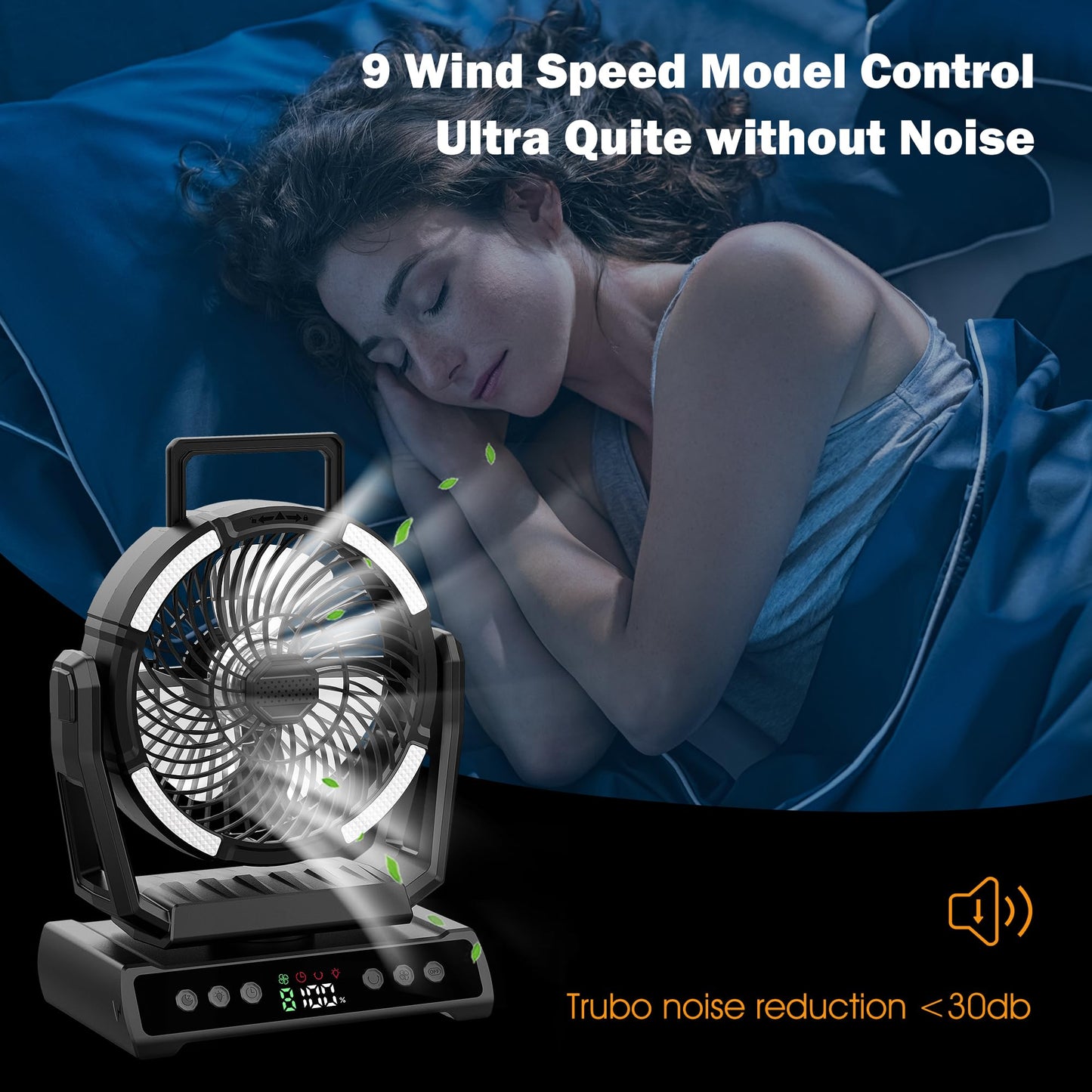 Camping Portable Fan with Light, 40000mAh Rechargeable Cordless Battery Powered Fan, 9 Speed Oscillating Fan with 360° Rotation Hanging Hook for Travel Home Camping Tent Office Beach Desk Fishing