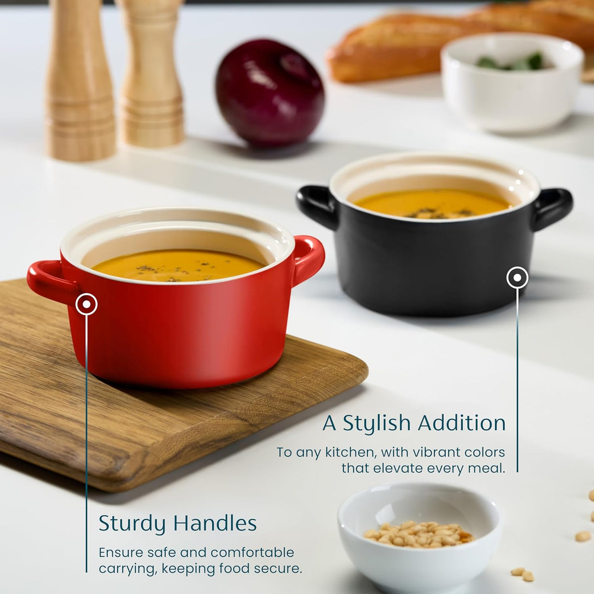 Kook Soup Crocks - Stackable Ceramic Bowls | Oven, Microwave & Dishwasher Safe | 18 oz Capacity, Set of 4 - Matte Red